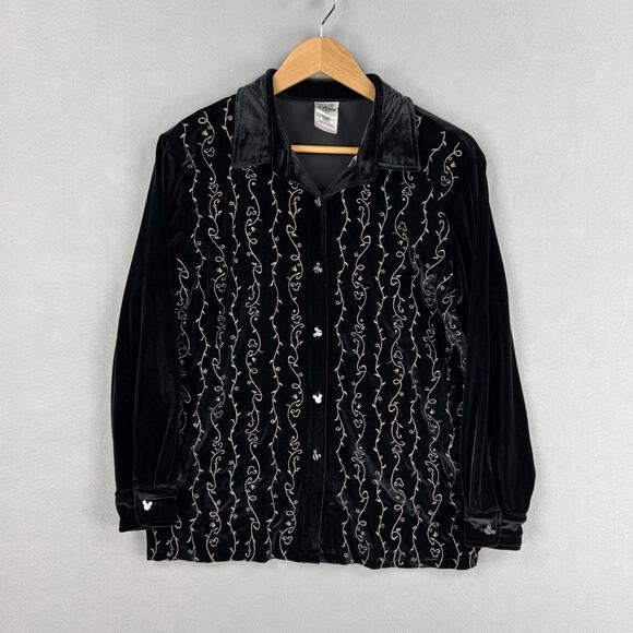 Disney Tops - Disney Shirt Womens Small Black Velvet Button Up Embroidered Mickey Mouse Floral